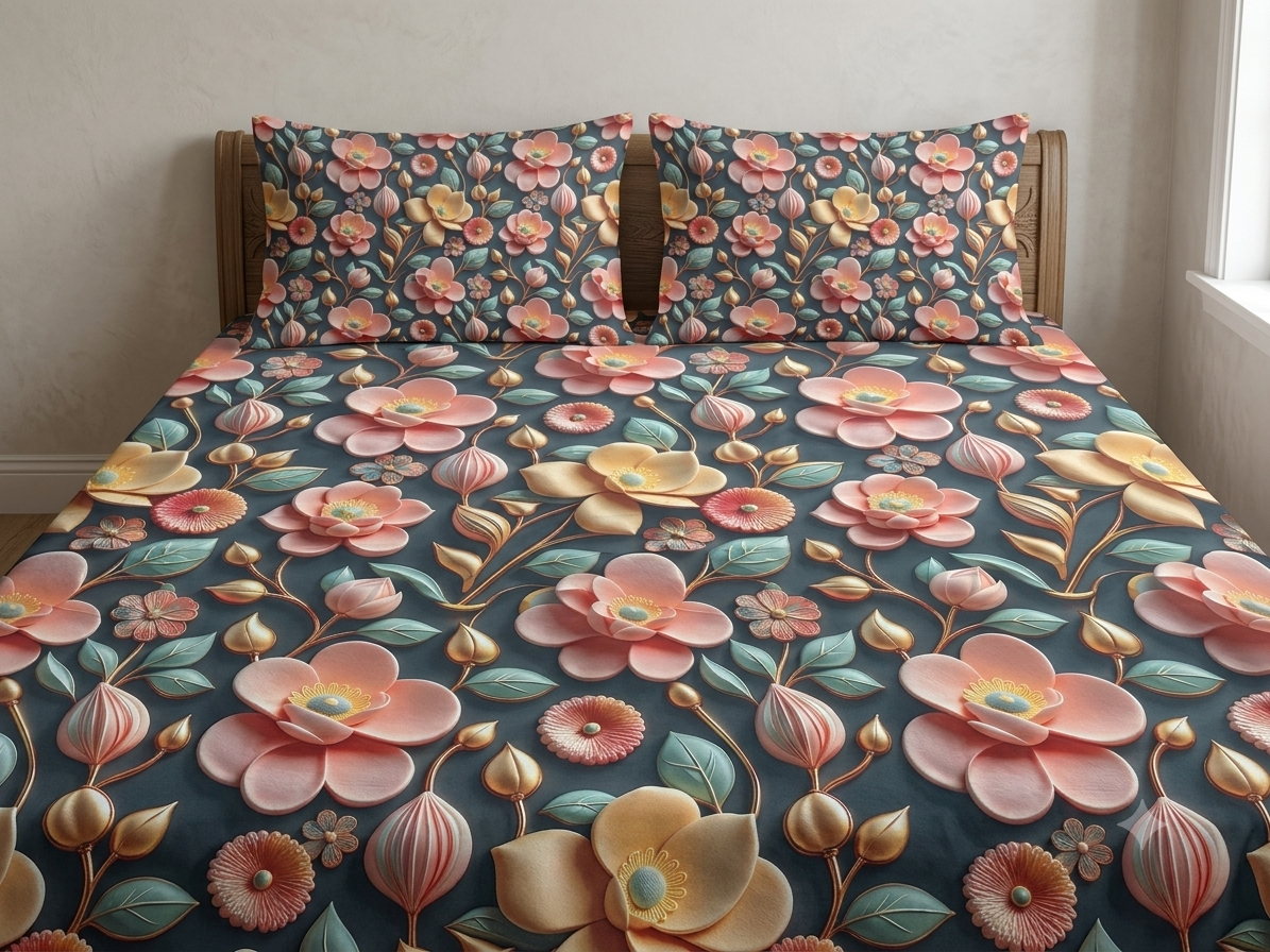 3D Bedsheet- Flower Black