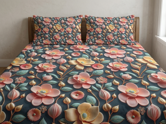 3D Bedsheet- Flower Black
