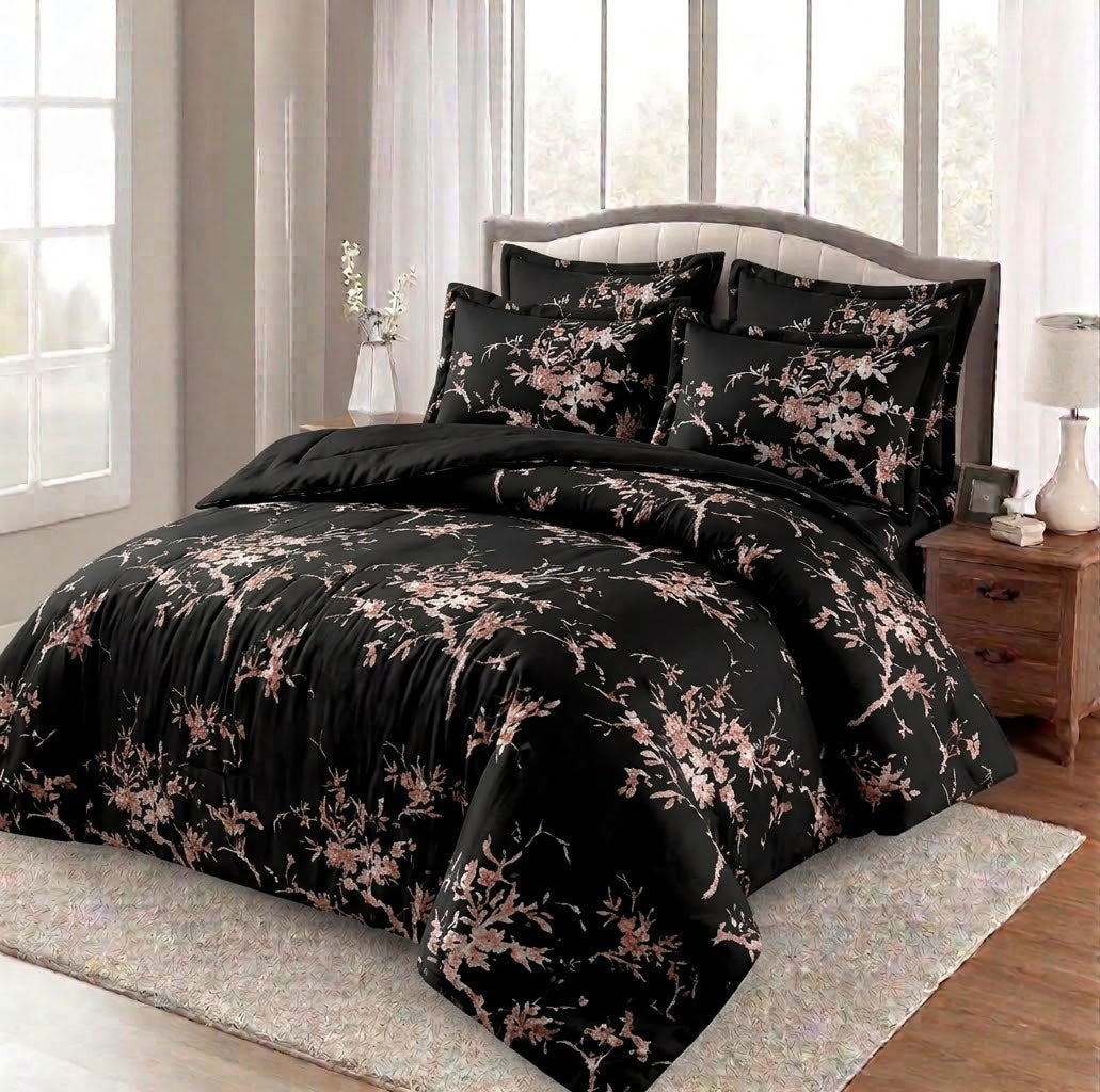 Duvet Set-Black Deep Floral 6-Pcs